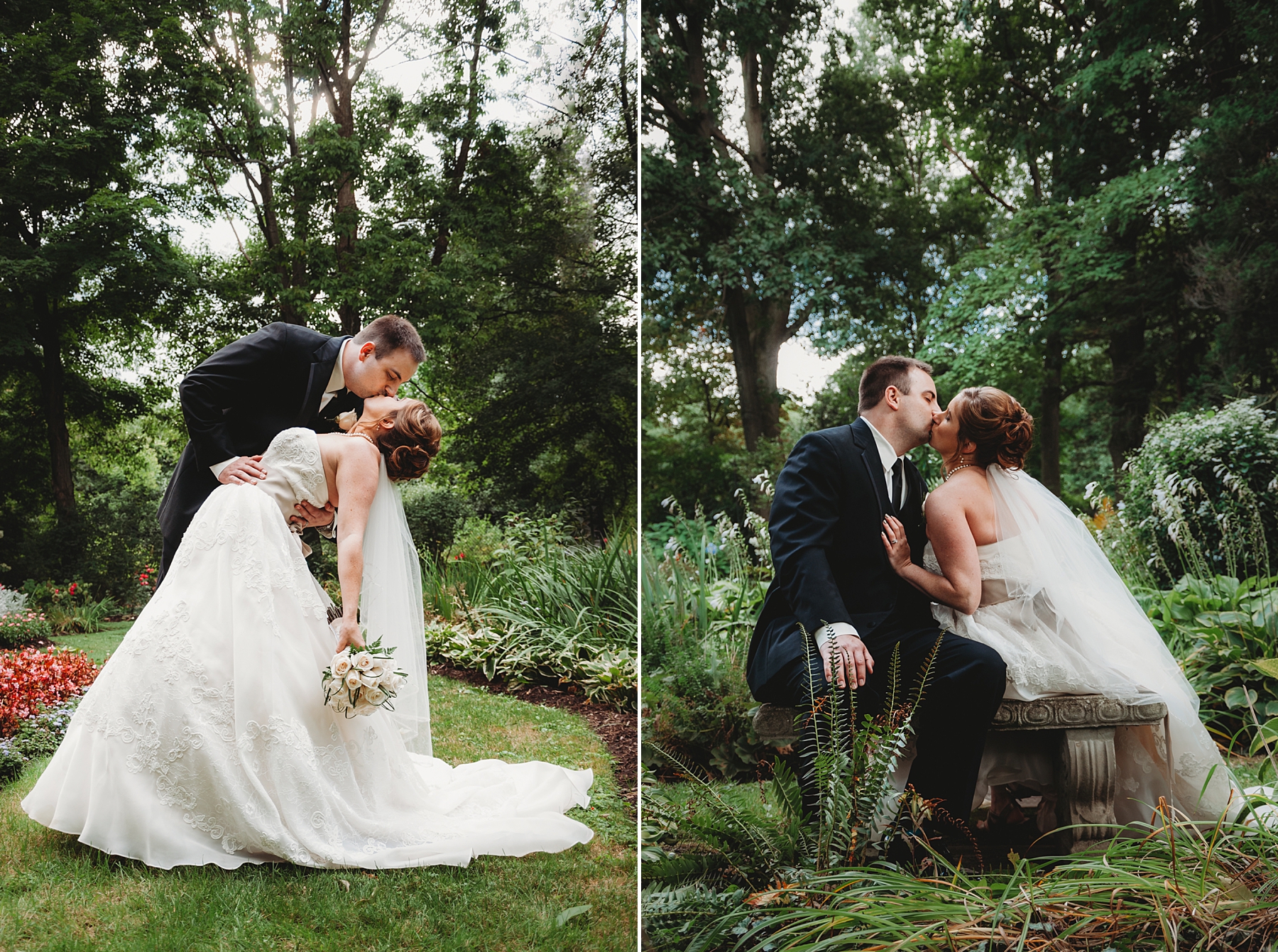 newlyweds kiss in the gardens of Mooreland Mansion